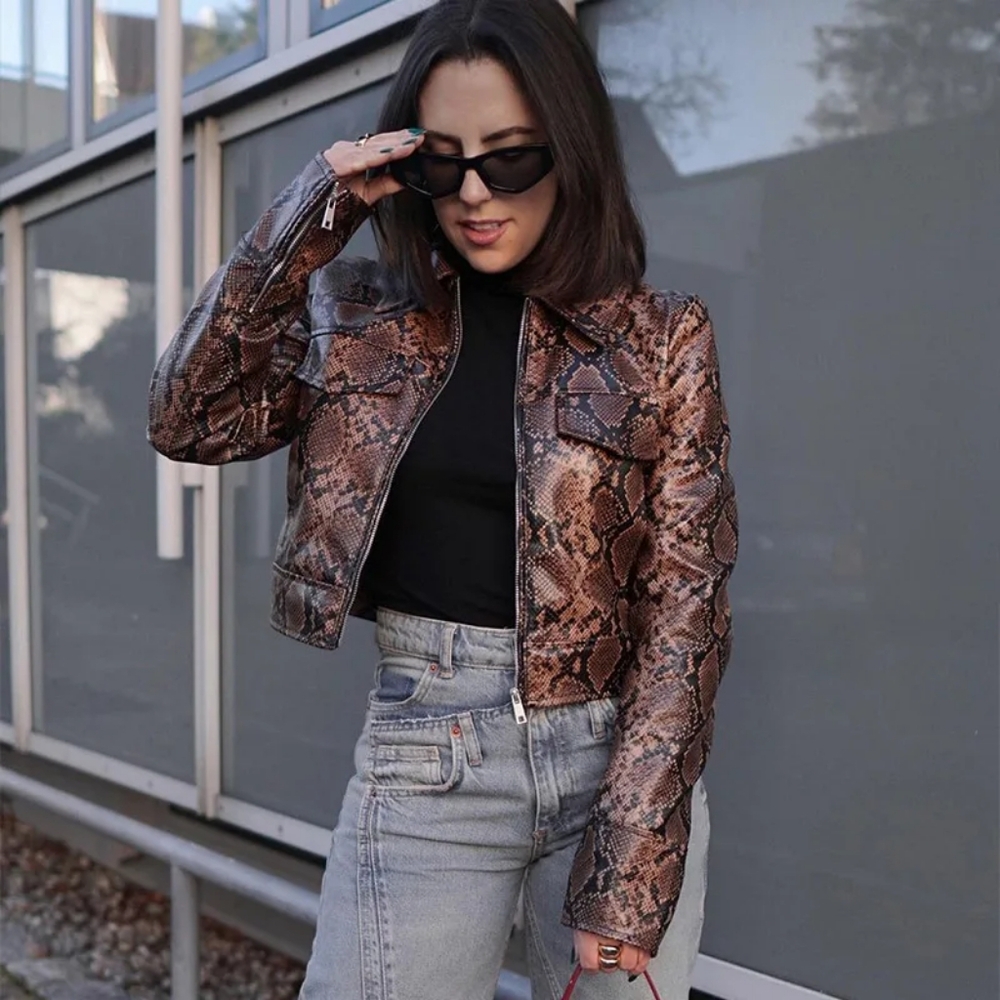 Fashion Snake Printed Short Jacket Women Lapel Zipper Long Sleeve - Picture 10 of 15